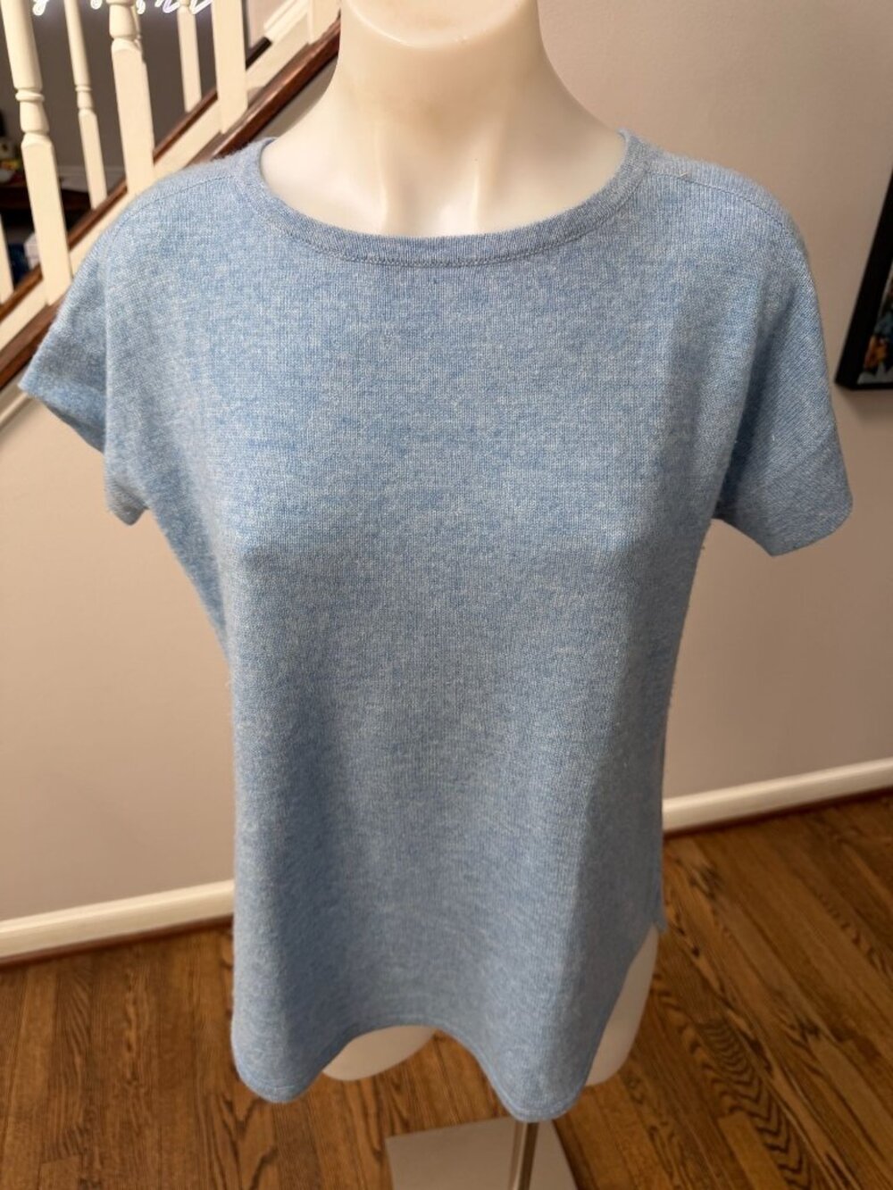 KINROSS Cashmere Split Back Short Sleeve Sweater Top Blue Size Small